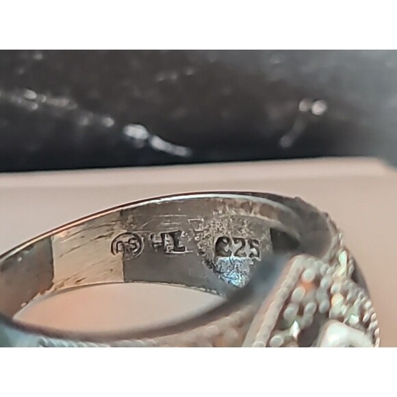 925 Sterling Abalone Shell Marcasite & Enamel Statement Ring, Size US 4.75 - Picture 8 of 10